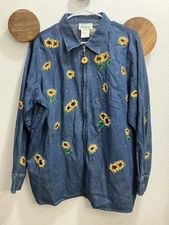 The Quaker Factory Denim Embroidered Sunflowers & Bees Jacket Size 1X