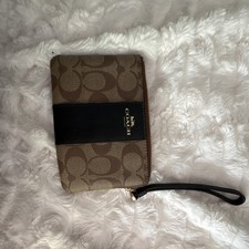 Coach Signature Logo Zip Wristlet Wallet w/ Wrist Strap, Credit Card Brown