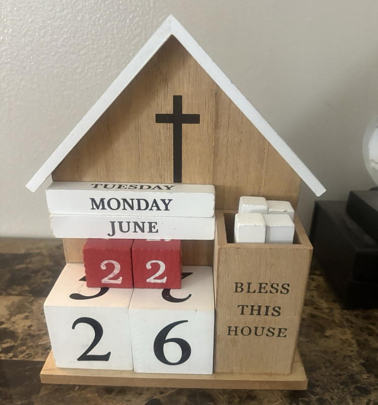 Wood House-Shaped Perpetual Block Calendar Decor w/ Cross "Bless This House"