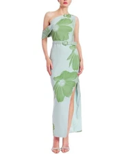 Jewel Badgley Mischka Asymmetric Belted Floral Print Gown Green Multi Sz 12 $218
