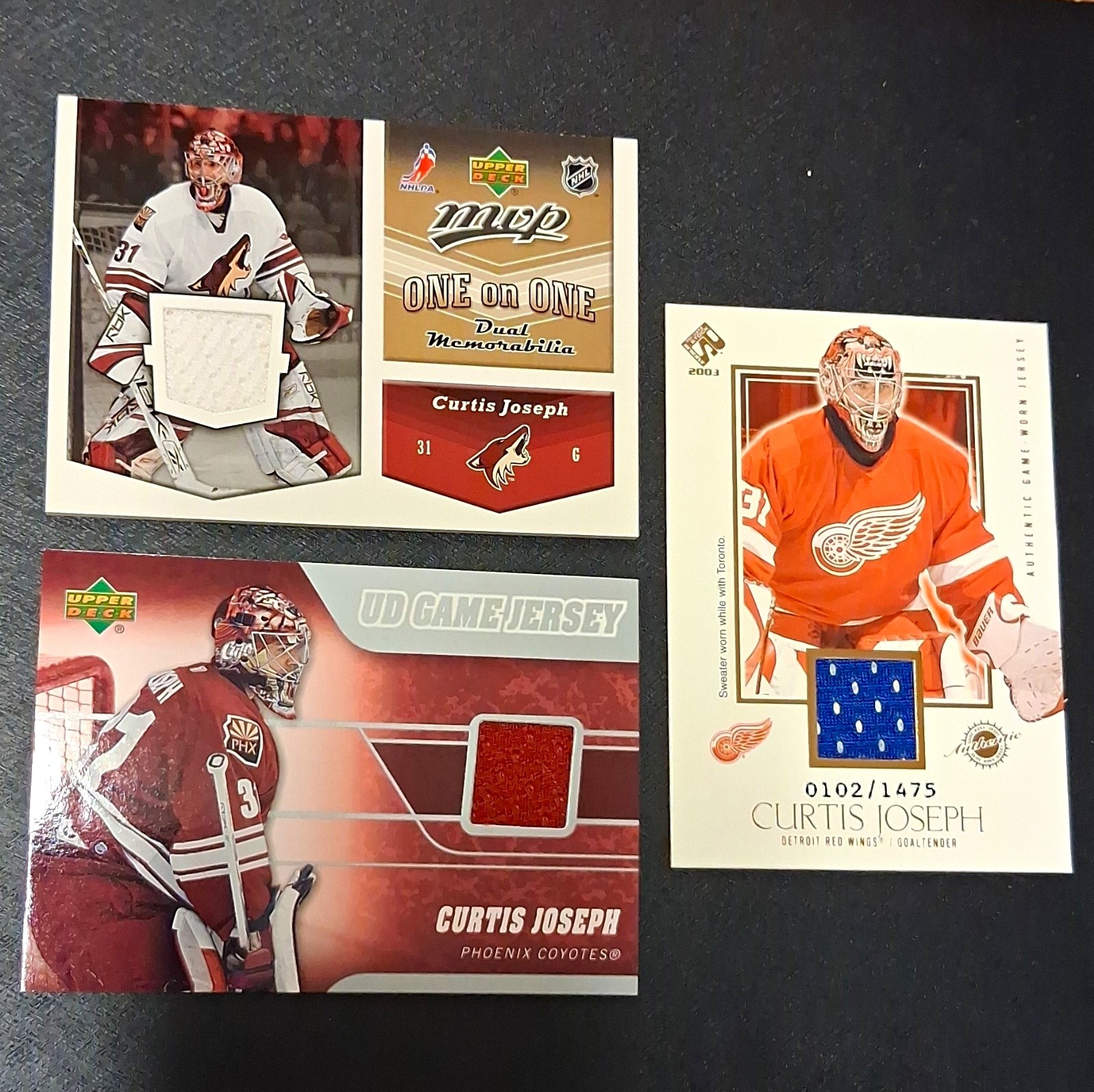 Upper Deck NHL Memorabilia Jersey Card Lot (3) Curtis Joseph Dan Cloutier