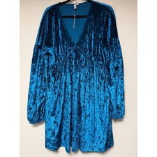 ASOS Velvet Teal Crushed Long Sleeve Babydoll Mini Dress UK 16 US 12