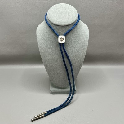 Bolo Necktie Fleur De Lis Eagle Faux Silver Tips Blue Braided Rope Mens Unisex