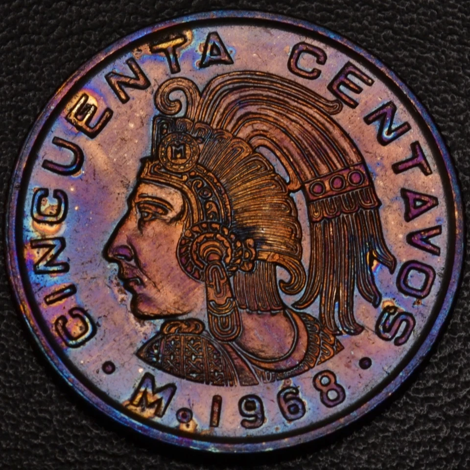 1968 México 50 centavos LINDA TONIFICAÇÃO OBV & REV (L48-19) - Imagem 2 de 3