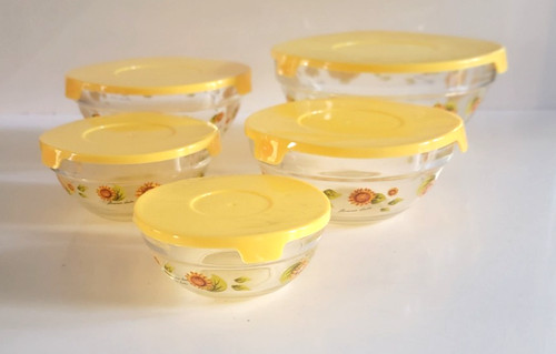 Vintage Glass Sunflower Glass Bowls Set of 5 with Lids Flower Dute