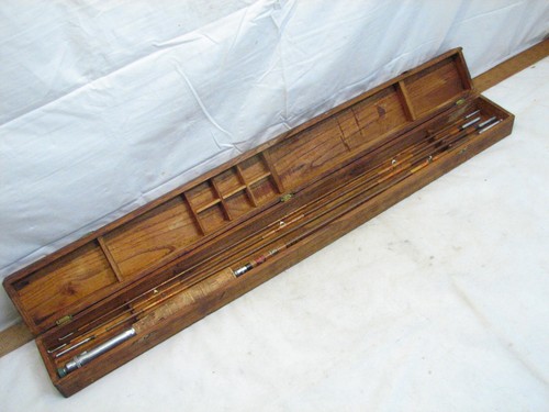 Antigua caña de pescar con mosca de bambú dividida 8' corona logotipo caja Tokio Japón 4 piezas operación corta - Imagen 1 de 8