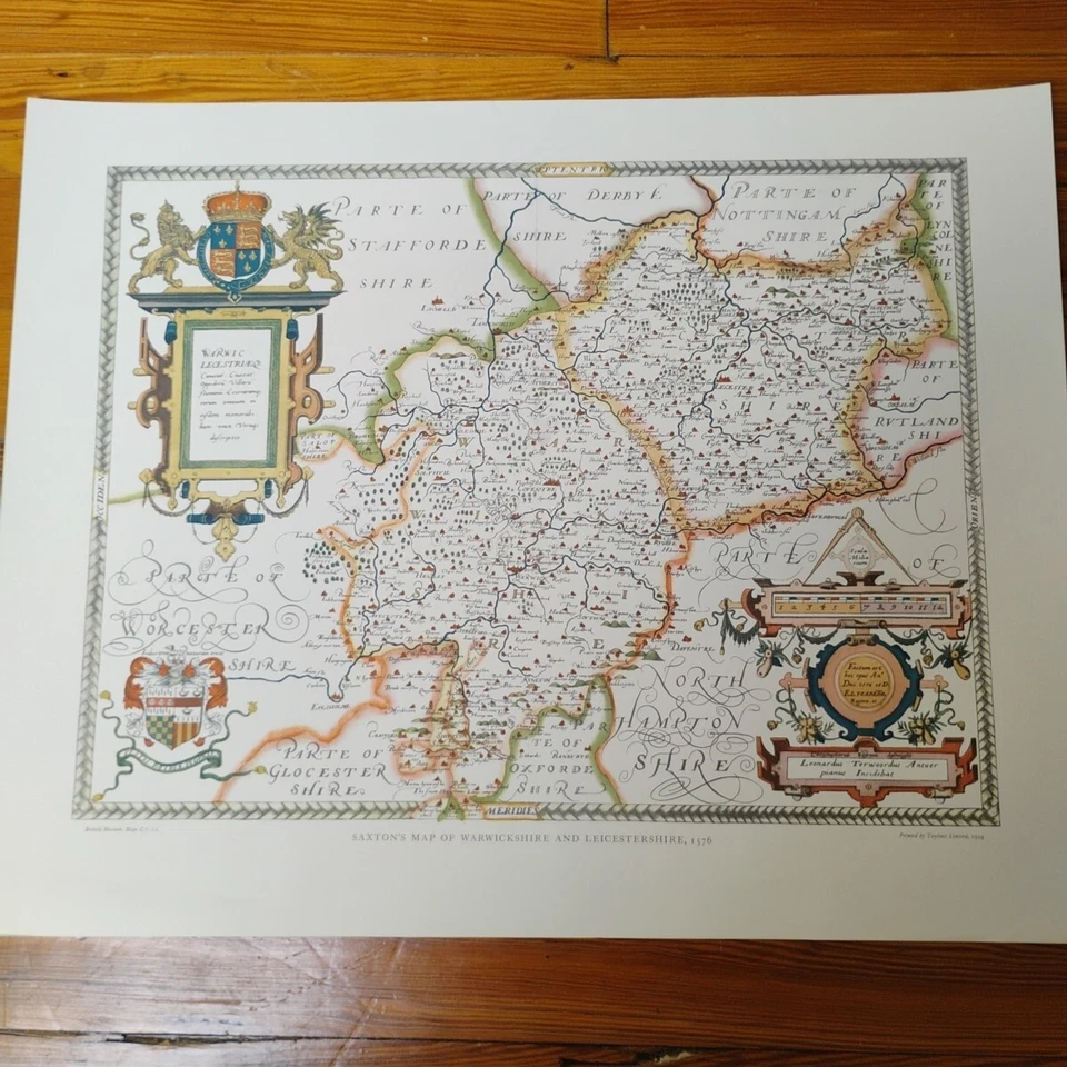 Mapa de Saxton de Warwickshire y Leicestershire 1576 reimpresión Taylowe 1959 Foto 2 de 4