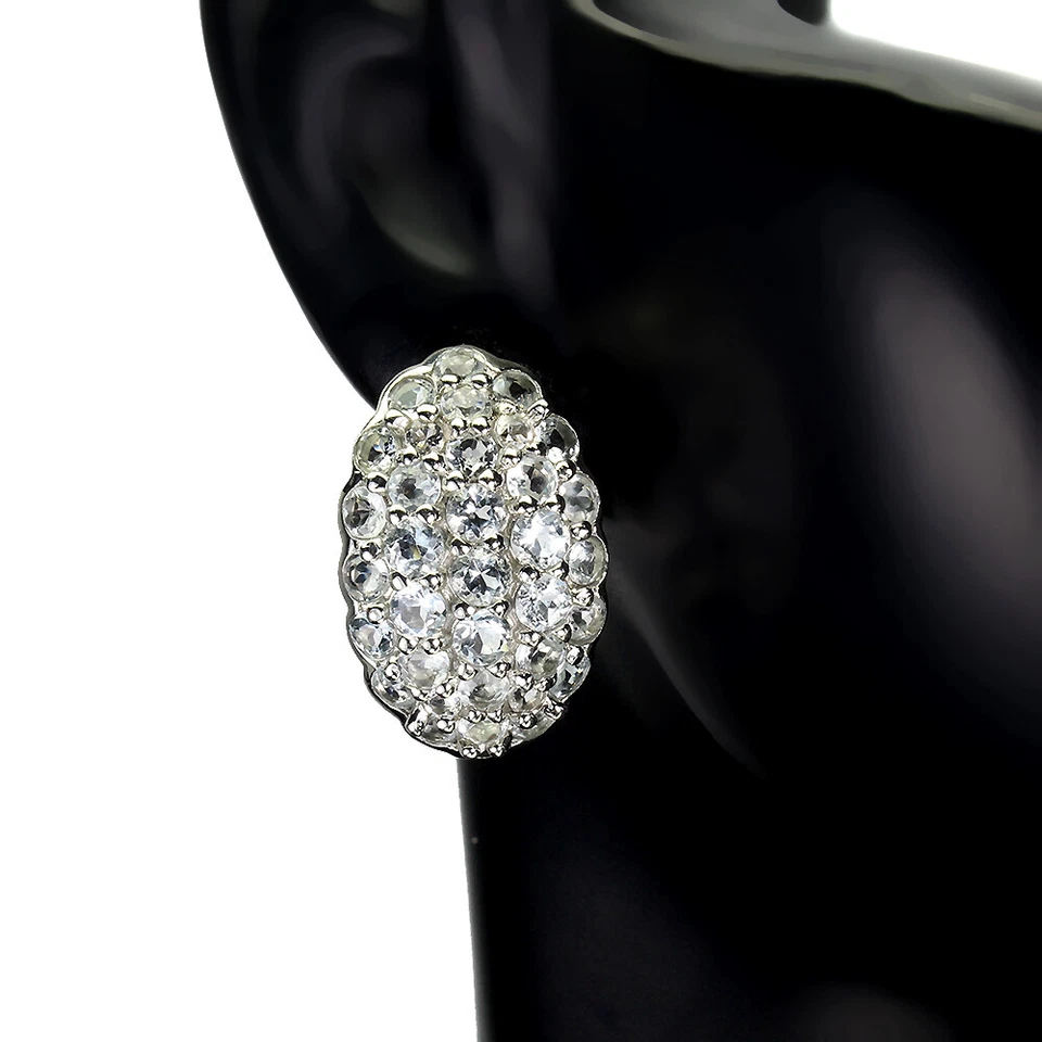 925 Orecchini Argento Sterling Rotondo Acquamarina Naturale Gemma Gioielli Gift - Immagine 2 di 4