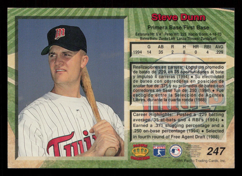 1995 Pacific Steve Dunn #247 Minnesota Twins Baseball Card - Image 2 of 2