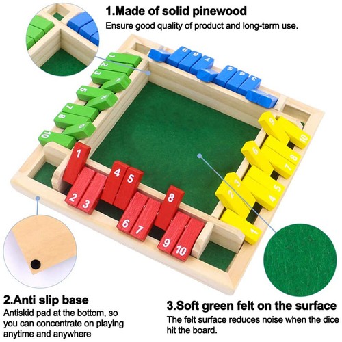 Shut The Box Wooden Dice Board Game for Kids Adults 4 Sided 10 Number 4 Players - Picture 4 of 12