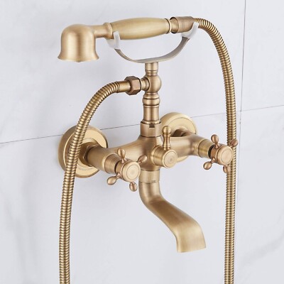 Antique Brass Clawfoot Tub Faucet Wall Mounted Bathtub Filler Tap Hand Shower