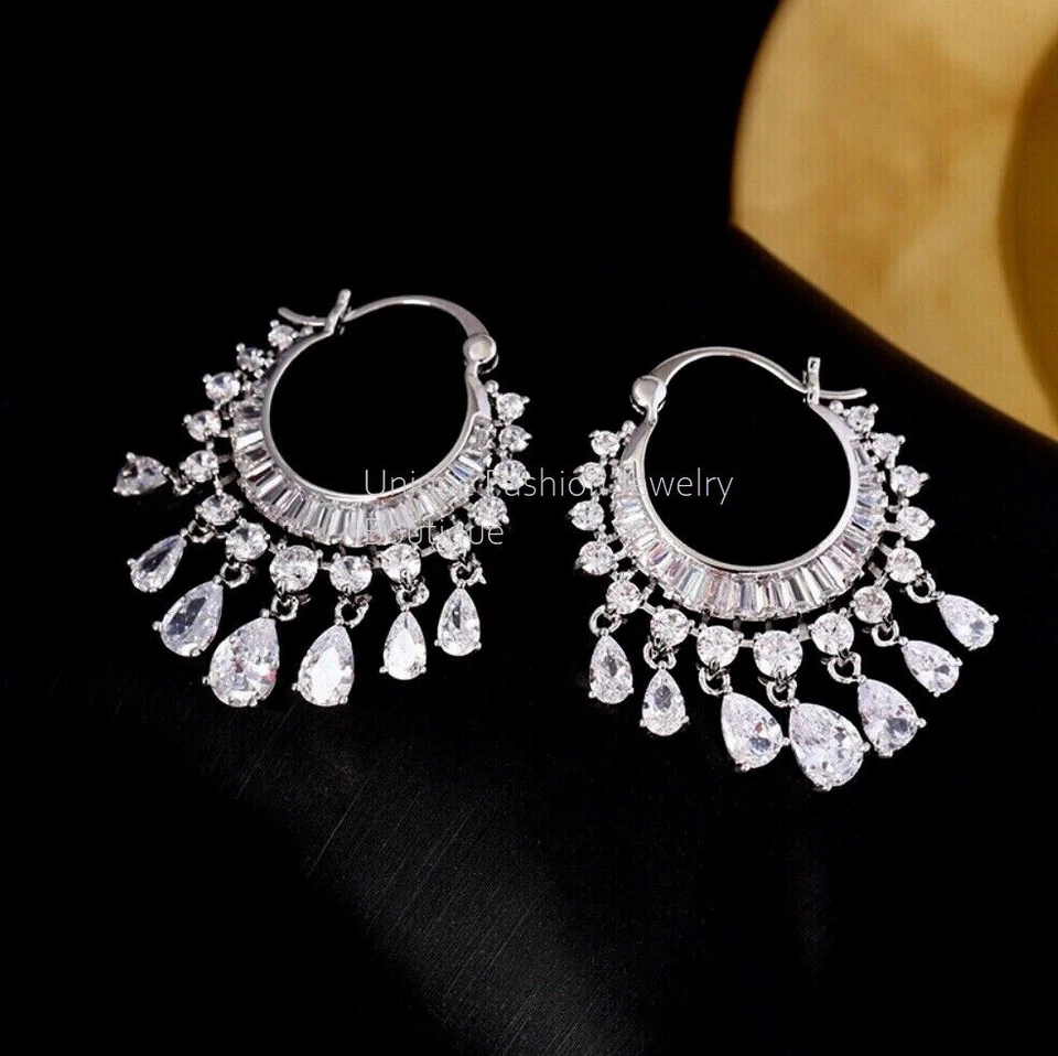 18k White Gold Plated Wedding Chandelier Earrings made w Swarovski Crystal Stone - Image 4 of 4