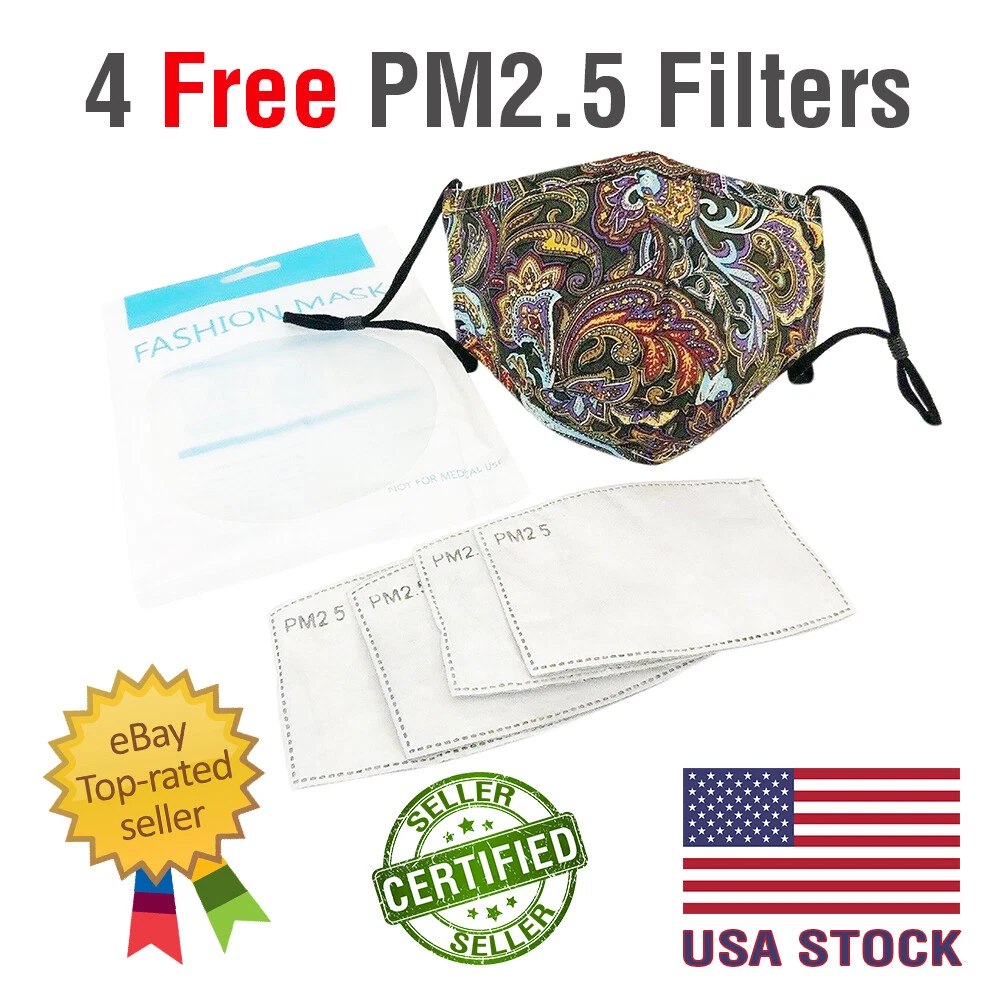 100 FACE MASK Washable COTTON Purple PAISLEY Nose Wire With 4 FREE PM2.5 Filters