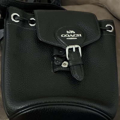 Coach Black Pebbled Drawstring Bucket Bag Shoulder Strap Buckle Accent Silver