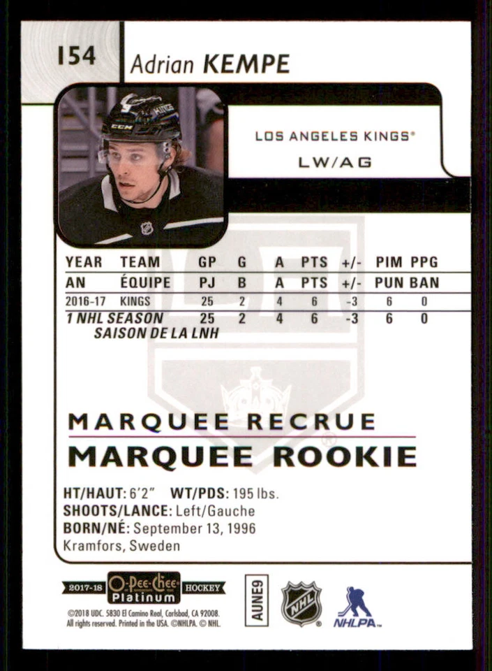 2017-18 O-Pee-Chee Platinum #154 Adrian Kempe RC - Image 2 of 2