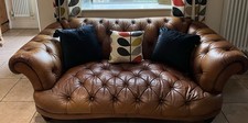 Tetrad Oskar Tan Leather Chesterfield Sofa 3 Seater Rolled Arms