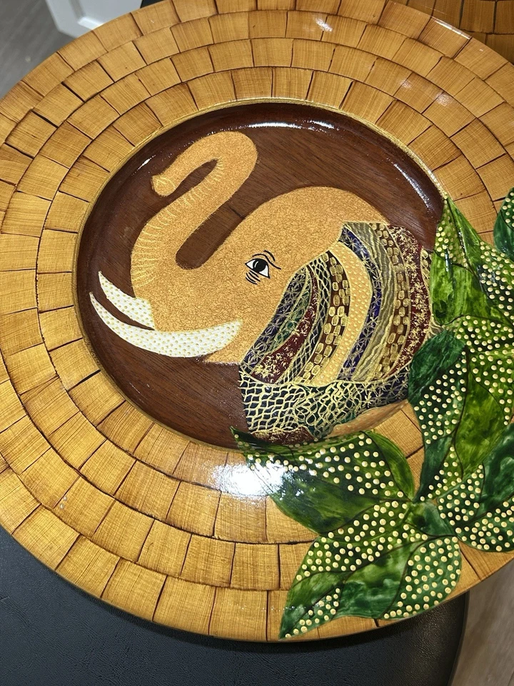 Bibi Leon grandes pratos de madeira feitos à mão decoração de parede casa arte elefantes cor mosaico - Imagem 2 de 4