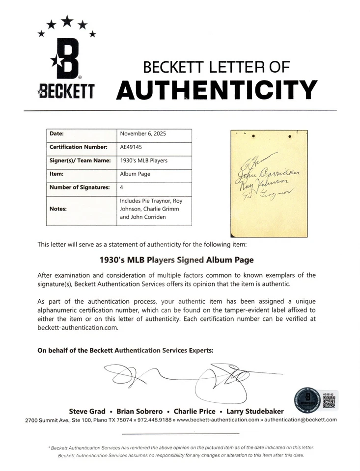 PIe Traynor Charlie Grim +2 Signed Album Page Beckett LOA AE49145 HOF Pirates - Image 3 of 3