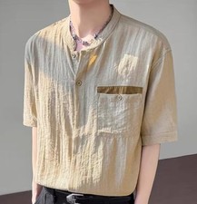Chic Men Summer Stand collar Short Sleeve Shirt buttons linen fabric Tops size