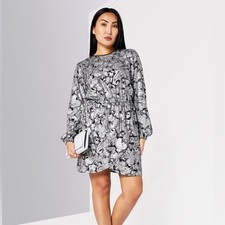 Michael Kors long sleeve metallic paisley dress silver NWT Retail $165 - XS
