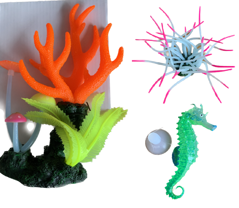 SuperFish Glow in Dark Fish Tank Decoration Box Set of 3 Anemone Seahorse Coral