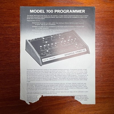 VINTAGE SEQUENTIAL CIRCUITS MODEL 700/800 PROGRAMMER INFORMATIONAL BROCHURE