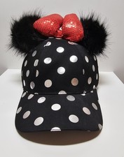Disney Parks Minnie Mouse Polka Dot Sparkly Bow Poof Ears Hat Adjustable Cap