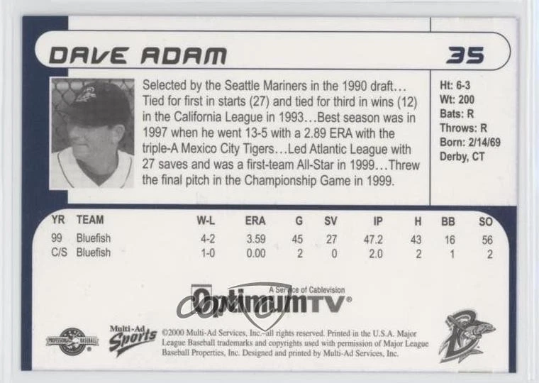 2000 Multi-Ad Sports Bridgeport Bluefish 1999 Champions Set Dave Adam #35 - Image 2 of 2
