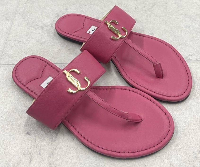 New Jimmy Choo JC Monogram Flat Leather Thong Sandal Size:35.5 (US 5.5)