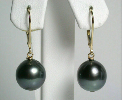 AAA+ 10-9mm Black South Sea Pearl Dangle Earrings 14k Gold Plated