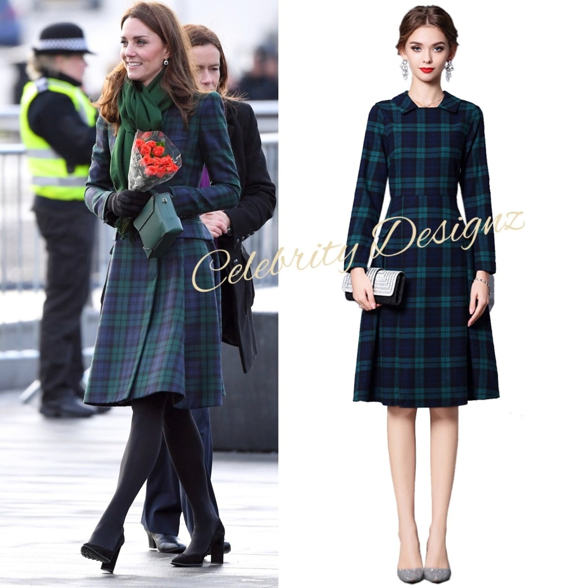 black and green dress Sail to Sable Blackwatch Plaid Long Sleeve Tunic Flare Dress Blackwatch TARTAN / XXS / F25103 main image 0