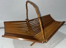 Vtg Folding Tabletop Rack Brown Bamboo Letter Newspaper Floral Magazines MCM