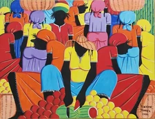 2002 Signed C. ANDERSON Jamaica Caribbean Women Marketplace Naif Art Painting