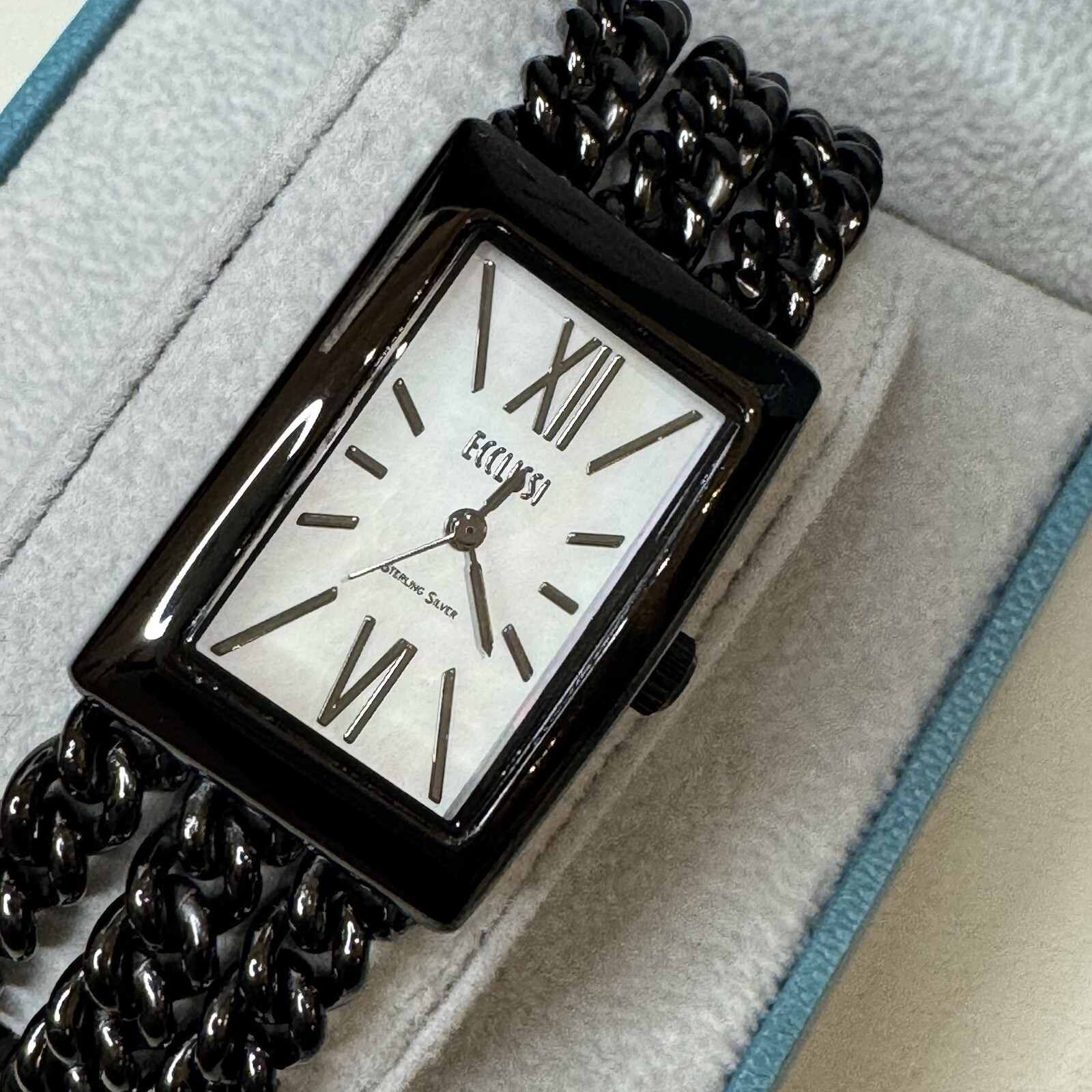 Ecclissi Sterling Silver Mother of Pearl Dial Black Chain Watch New in Box