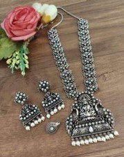 Oxidisd Laxmi Temple Necklace Set with Earrings White Stones Chain Western Set