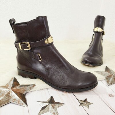 Michael Kors Arley Ankle Boots Brown Leather Low Heel Gold Accents Size 8