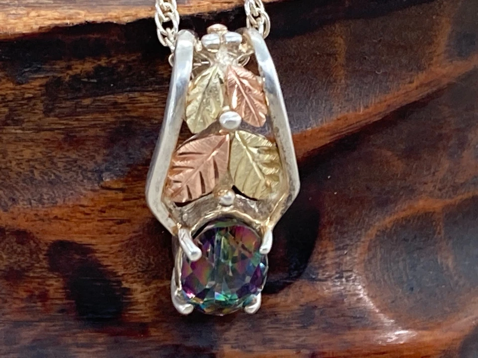 Collar de plata esterlina colgante de piedra mística hojas de oro 12K Coleman Co Foto 2 de 4