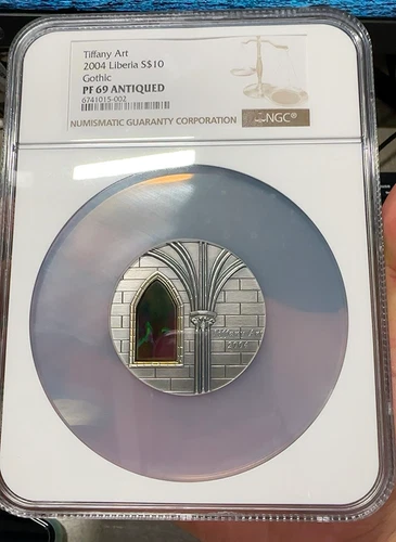 Tiffany Art NGC PF 69 ANTIQUED 2004 Liberia S$10 Gothic Collectible Coin