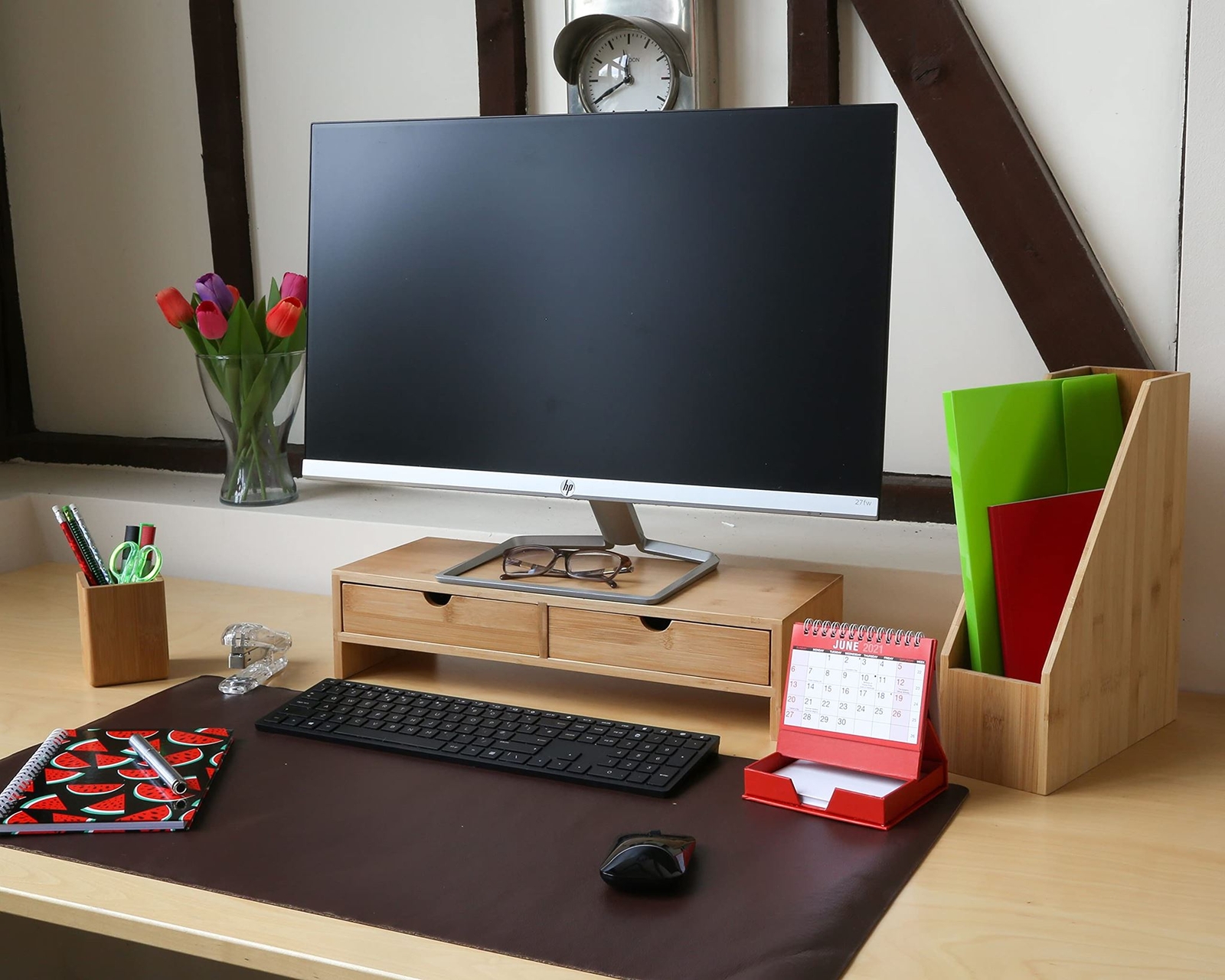 OSCO Bamboo Monitor Stand | 2 Large Deep Drawers | Computer Screen ...