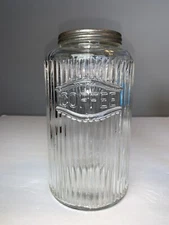 Vintage Ribbed Hoosier/Sellers Coffee Canister 8” Clear EAPG Glass Jar+Lid