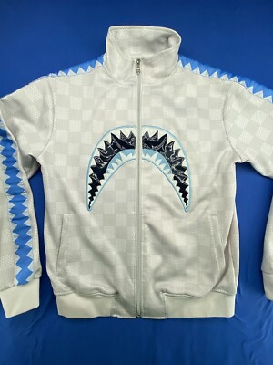 Hudson Outerwear Shark Mouth Track Jacket Men s Medium White Plaid w/ Blue Trim