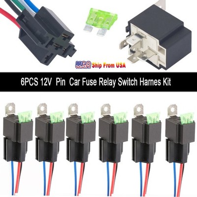 6 Pack 30A Car Auto Relay Switch Fuse Blade Harness Set 5Pin 14AWG Wire SPDT