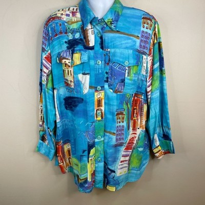Vintage 90s ART TO WEAR Top Womens 1X Blue Venice Italian Scenic Tunic Resort