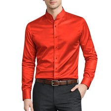 Men's High Band Mandarin Collar Shirt Red Glossy Satin Luxury Gala Event Chemise