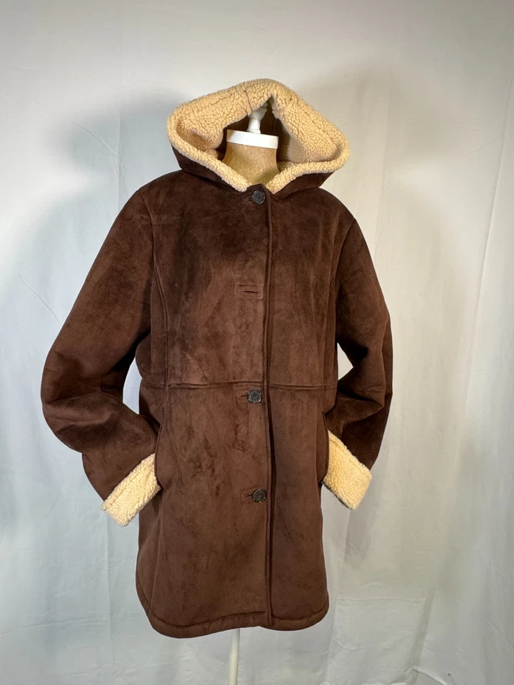 Lands' End Brown Faux Suede Faux Shearling Coat Hood Jacket Pockets Women Sz XL - Image 3 of 4