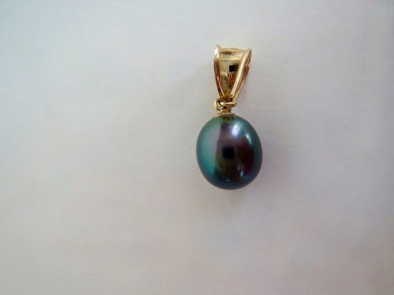 14K Yellow Gold Green Gray Freshwater PEARL DROP PENDANT .75" Long 10mm L Pearl