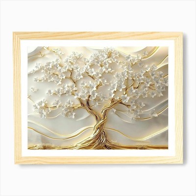 3d Art Golden Tree Life With White  Framed Wall Art Poster Canvas Print Picture