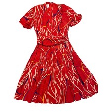 Francesca of Damon for Starington Red Abstract Print Silk Midi Dress Size 12