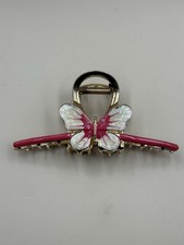 Gold Tone Metal Butterfly Hair Claw Clip Pink White Enamel Sturdy EUC    