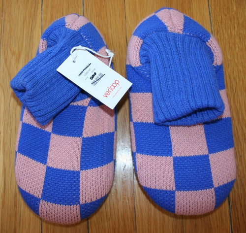 Free People VERLOOP knit checkered Slippers Size Small/Medium Pink & Blue NWT
